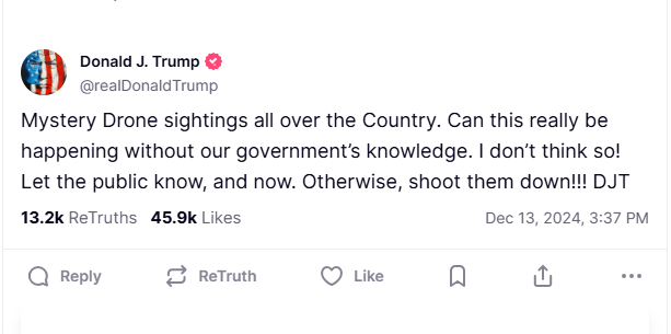 Donald Trump posts about drones on Truth Social.