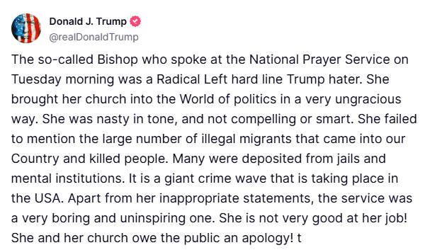 A post bout Right Rev. Mariann Edgar Budde's sermon, posted by President Donald Trump on his Truth Social platform.