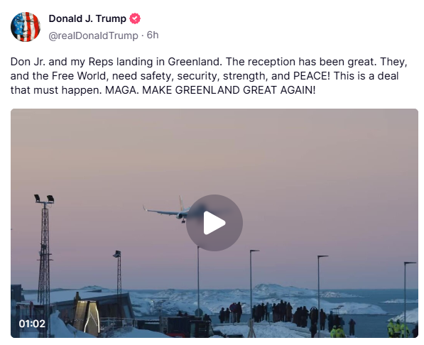 Donald Trump's post to Truth Social, announcing his son's arrival in Greenland.